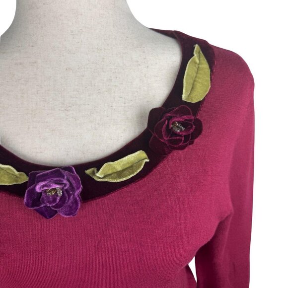 Bonnie and Bill by Holly Red Velvet Floral Trim Sweater Women’s Size Small - Picture 2 of 5